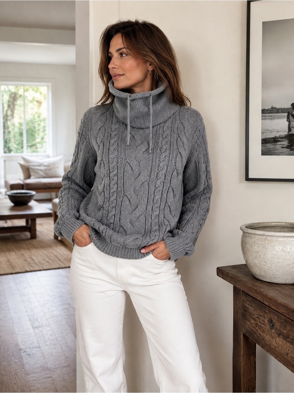 LL Bean Cotton Cable Knit Funnelneck Sweater - Gray
